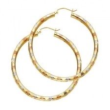 14K Solid Tri-color Italian Gold Three Tone Diamond Cut Hoop Earrings, 45MM