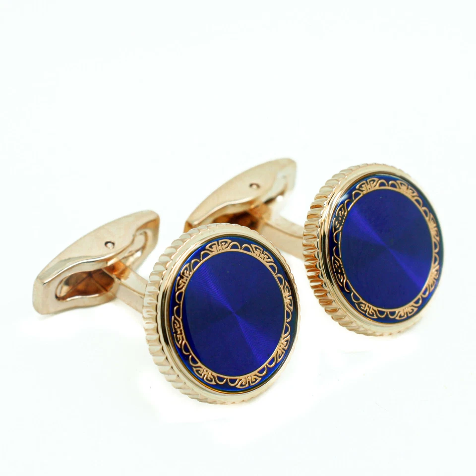 Gemelos circulares de piedra azul brillante redondos oro rosa para hombre Foto 2 de 4