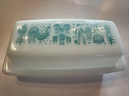 Vintage Pyrex Amish Butterprint Turquoise Butter Dish White Milk Glass 2 Pc
