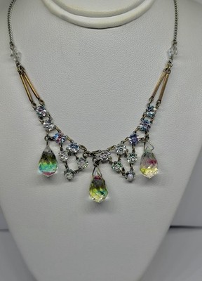 Art Deco Rainbow Iris Arc Crystal & 3 Briolettes Festoon Pendant Necklace 18 