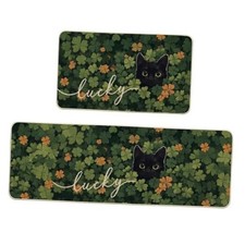 Shamrock Lucky Black Cat St. Patrick's Day Kitchen Mats Set of 2, Home Decor