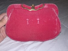 Vintage Pink Velvet Clutch Handbag Gold Interior Matching Gloves Formal Evening