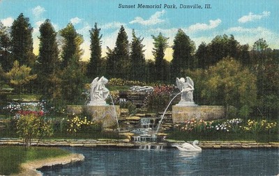 Vintage Linen Postcard Sunset Memorial Park Danville Illinois Fountain