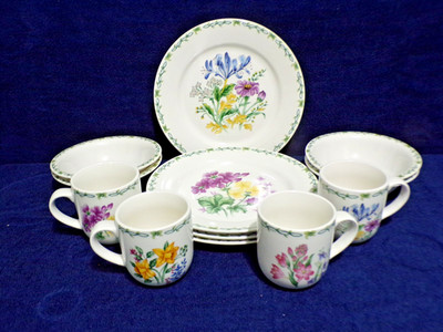 Thomson Pottery Floral Garden Ceramic 12 Pieces 4 Different Design Service for 4