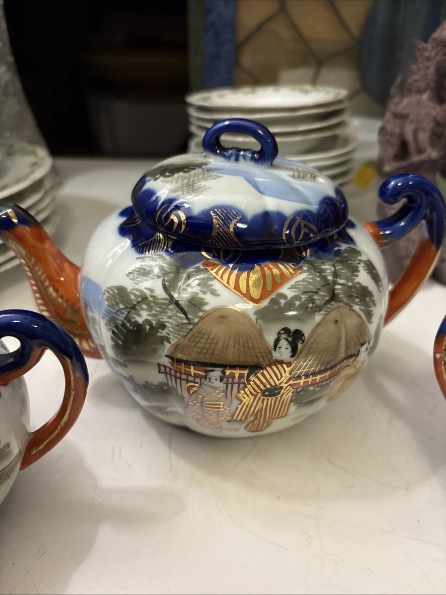 Vintage Tea set Blue Japanese Geisha GirlDesign 5 Pc with Creamer