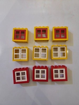 Lot Of 9 Lego Windows 2X4X3 Red and Yellow Frame 413221 Pane