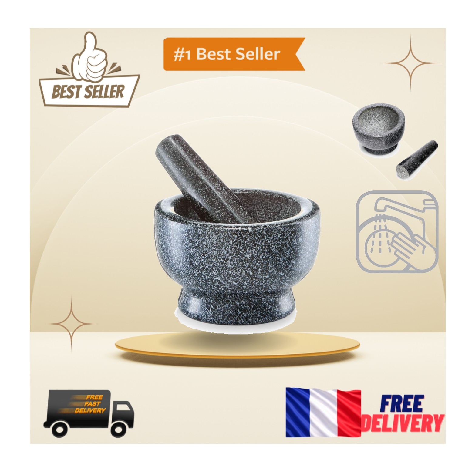 Mortier pilon granit anthracite compact 14cm pour moudre sans effort sans chauffer les épices