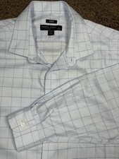Pronto Uomo Dress Shirt Mens 18 32/33 Blue Check Non Iron Button Front Cotton