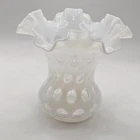 Fenton Vase Opalescent White Coin Dot Cased Glass Double Ruffled Edge 6" Vintage