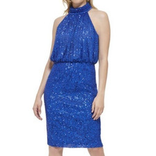 Eliza J Elegant Women's ROYAL BLUE Sequin Sheath Halter Dress size 6