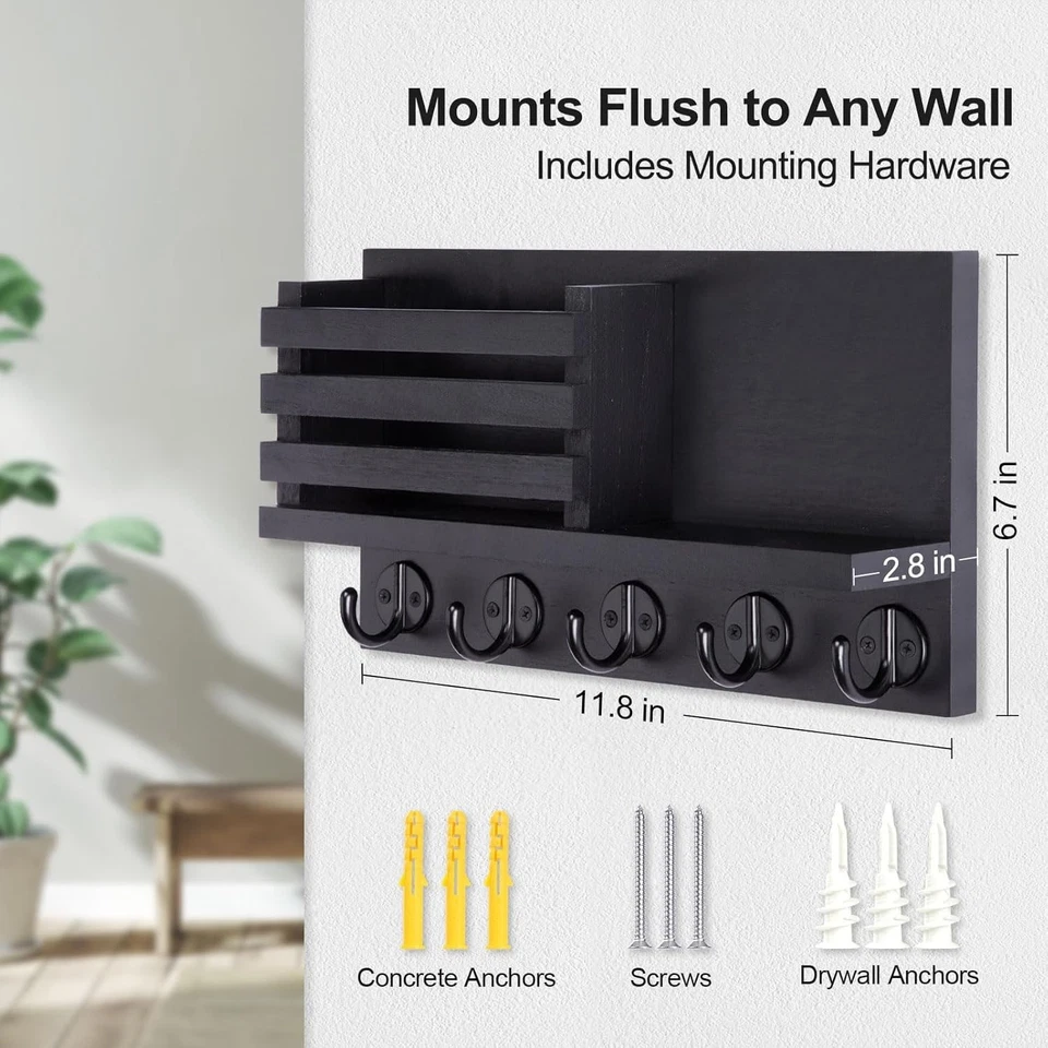 Wall Key Holder Rack with Shelf Rustic Wood Key Hook Organizer for Entryway - Image 4 of 4