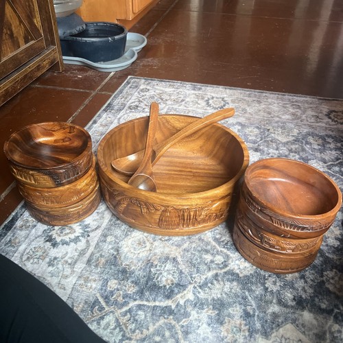 Vintage Hand Carved Monkey Pod Wood Tiki Salad Bowl Set 11-Piece