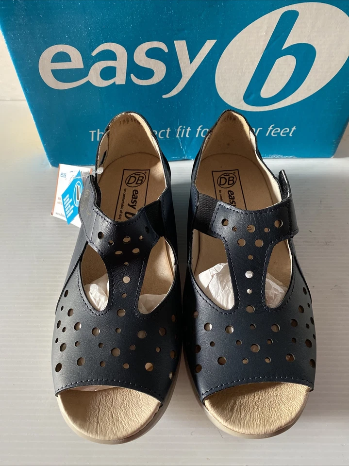 Easy B Marigold Touch Fastening navy DB Leather shoes Sandals sz 3 Wide Fit 2V - Image 2 of 4
