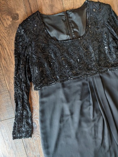 Unbranded Womans Formal Black Sheath Dress Beaded Top & Sleeves Chiffon Skirt XL - Picture 4 of 17