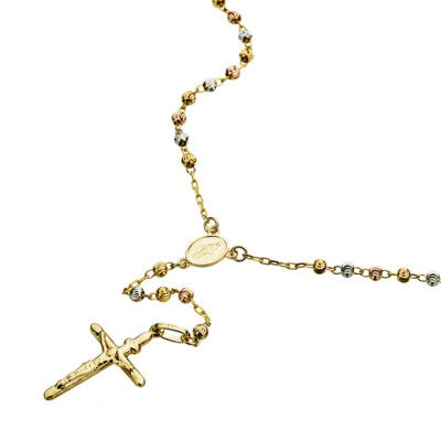 Men Women 14K Tri Gold Rosary Necklace 4mm Moon Cut DC Bead Rosary Chain