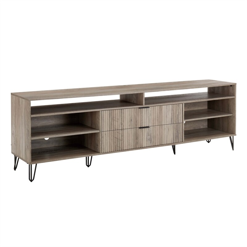 DUMBO 85" MidCentury Modern TV Stand with 6 Shelves & 2 Drawers in