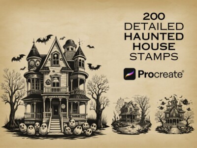Halloween Haunted House & Bat Procreate Stamps | Spooky Digital Brushes for Proc