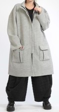 Plus Size Grey Boiled Wool Long Jacket With A-stand Up Collar Size 24-28