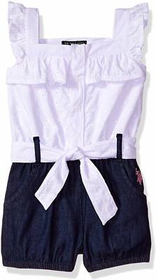 U.S. Polo Assn. Girls' Toddler' Romper, Ruffle Front Solid Poplin White