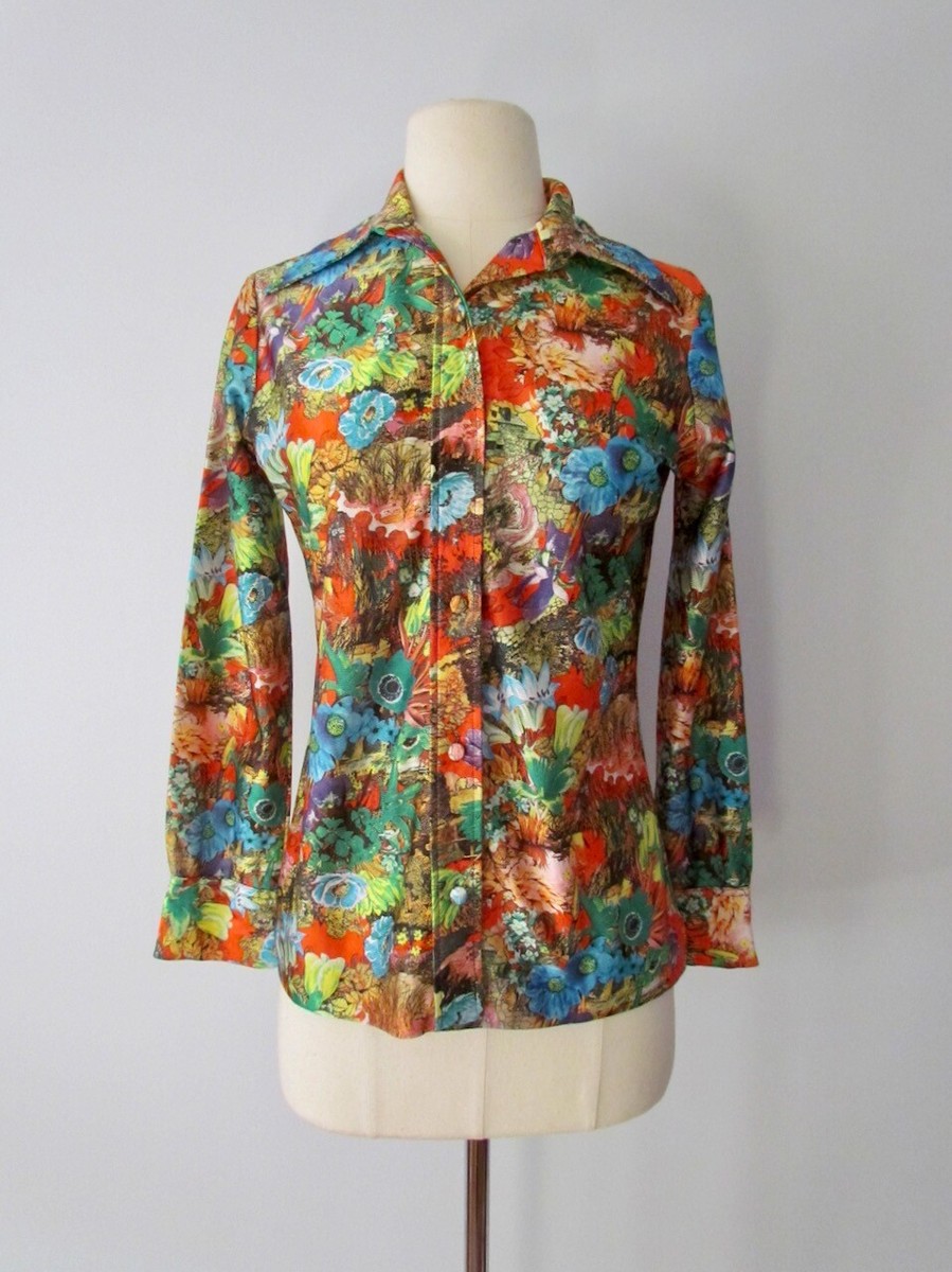 RARE Lanvin Paris Vintage Shirt Top 70s Floral Burst Button Blouse 