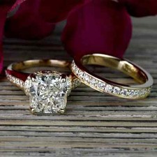 14K Yellow Gold Plated 2Ct Cushion Cut Simulated Diamond Bridal Wedding Ring Set