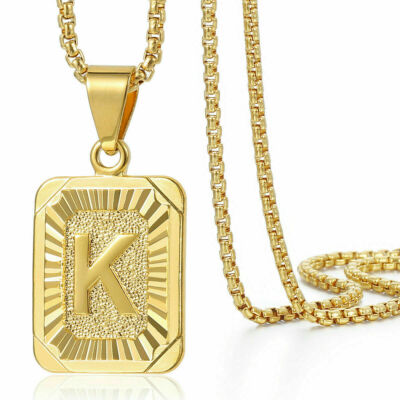 Yellow Gold Plated Stainless Steel Initial Letter A-Z Pendant Necklace Box Chain