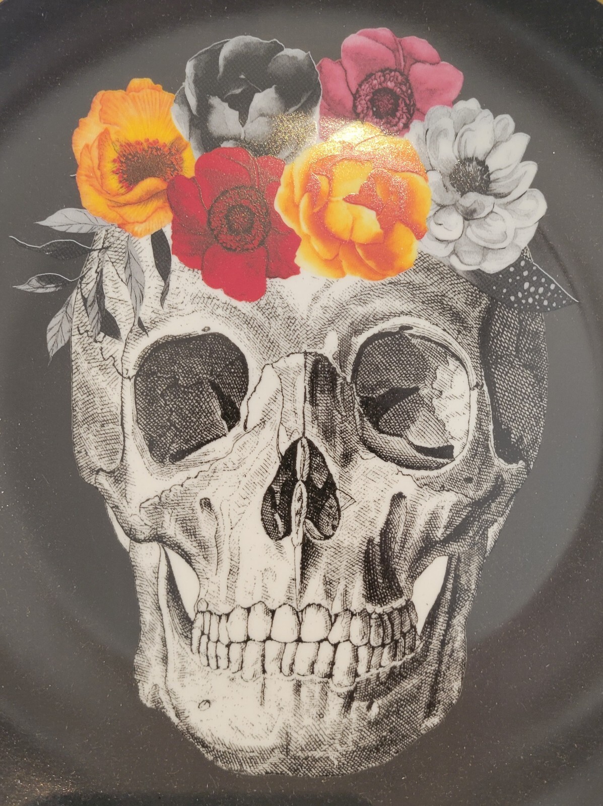 4 pk Harvest Green Studio HALLOWEEN Skull Roses Crown Dinner Plates Black NIB