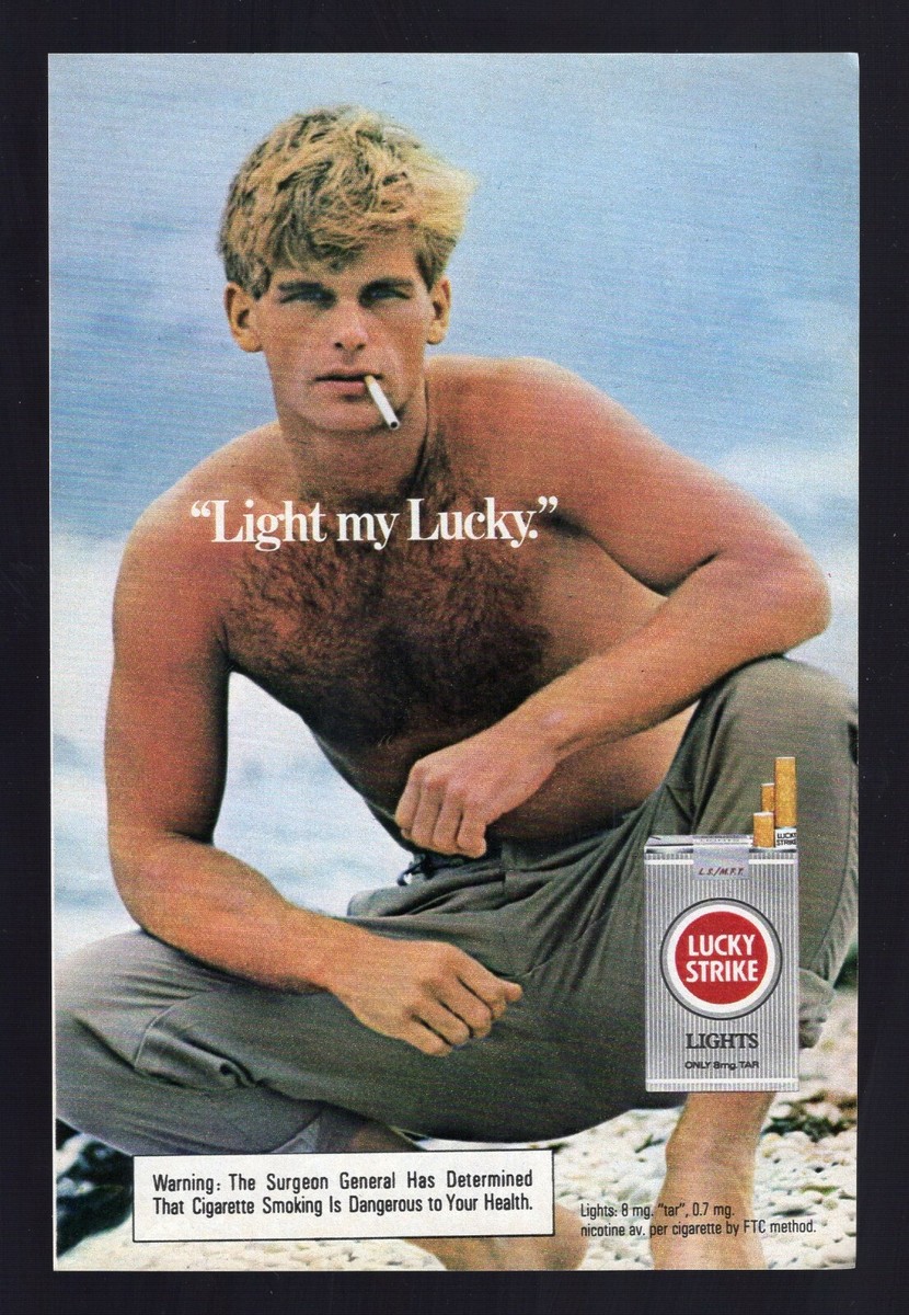 1985 PRINT AD ~ LUCKY STRIKE LIGHTS CIGARETTES AD ~ SHIRTLESS