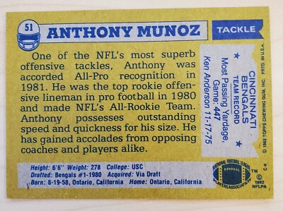 ANTHONY MUNOZ ROOKIE 1982 TOPPS ALL PRO FOOTBALL CARD #51 RC