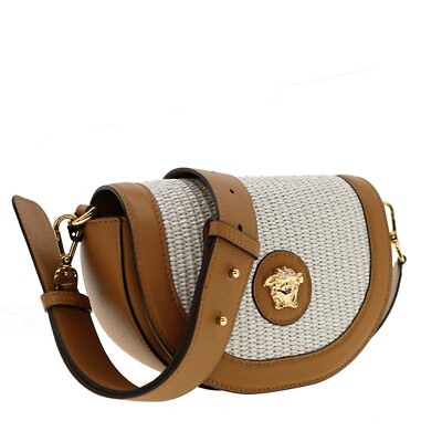 VERSACE ウエストバッグ メデューサ レザー a531 Versace Medusa Saddle Shoulder Bag Brown Leather Raffia New | eBay