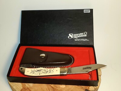 Vtg 1980 Schrade USA Scrimshaw SC 500 Folding hunter- Waterfowl Scene. Mint 