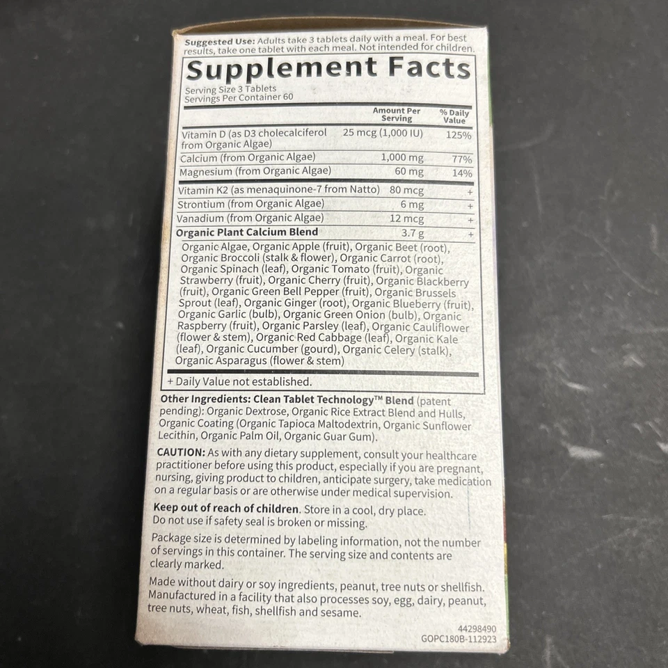 Garden of Life Mykind Organic Plant Calcium 180 Vegan Tablets Exp 09/26 - Image 2 of 4