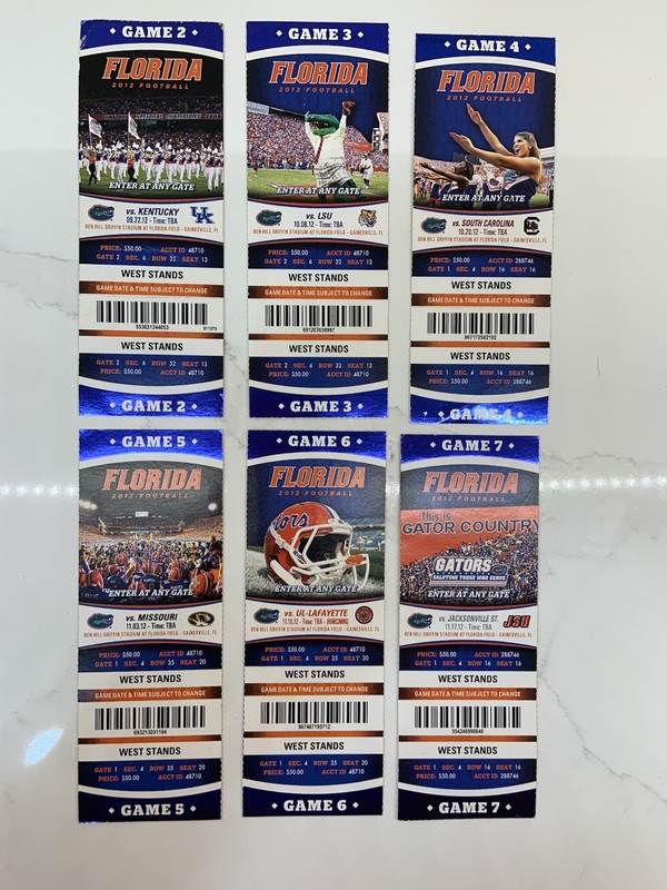 Florida Gators 2012 Tickets. Set Of 6 Games Including Kent LSU S Carolina