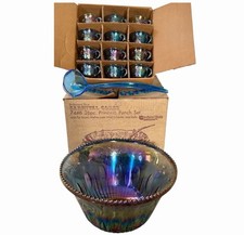 Indiana 7446 Iridescent Blue Carnival Glass 26pc Princess Punch Set 1975