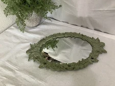 Vintage Sage Green Cast Iron Oval Mirror with Roses