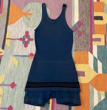 Antique 1920s Jantzen Wool Swim Suit One Piece Knit Skort Blue Striped Darned