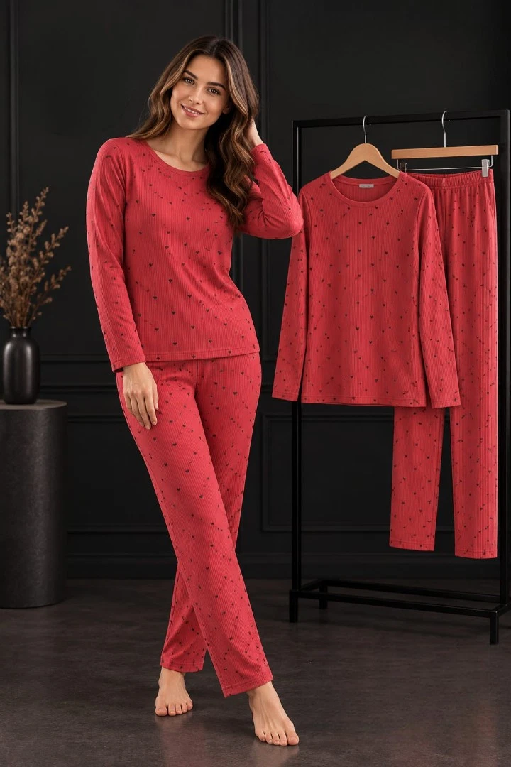 Damen Pyjama Schlafanzug Lang Warm Winter 2-Teiler Set L-88