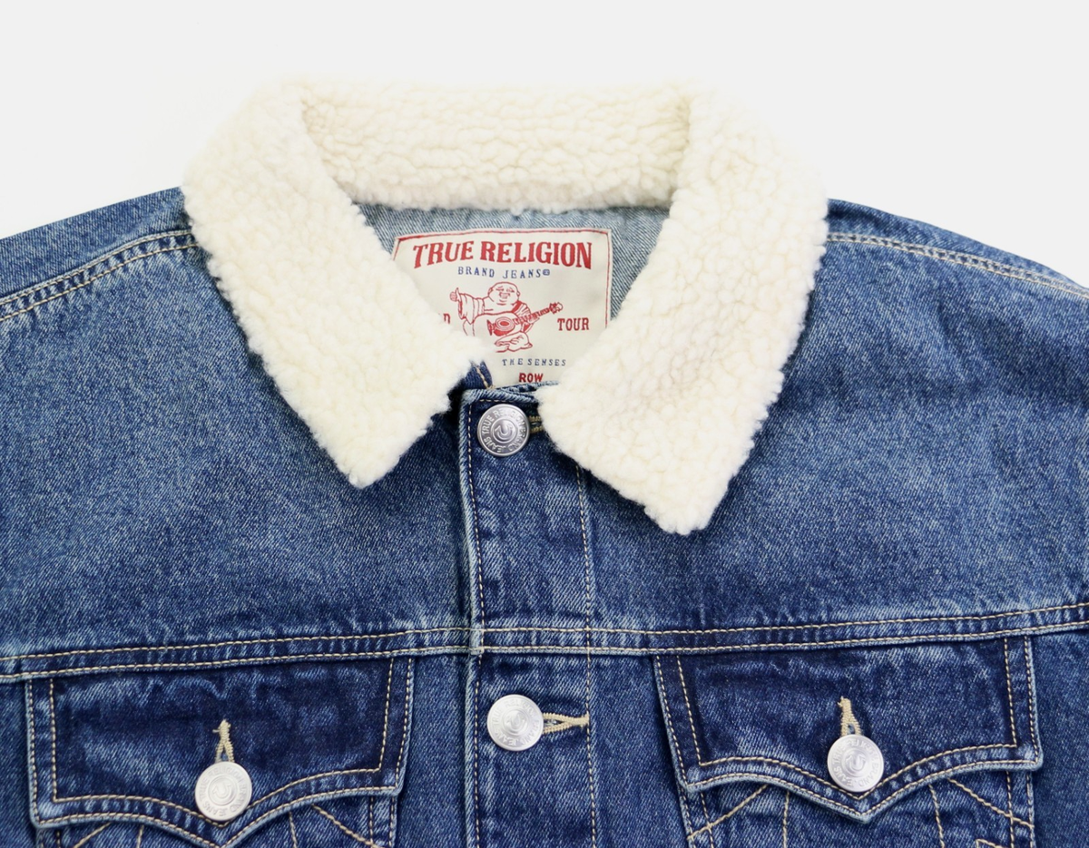 True Religion Faux Shearling Trim Trucker Denim Jacket Men's Size