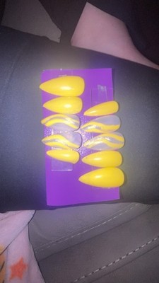 Yellow Long Coffin Full Cover Glossy Press-On Artificial Nails Abstract