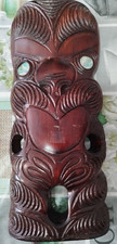 Vintage Maori Tiki Wall Mask 12in Hand Carved Rotorua NZ Matai Paua Eyes
