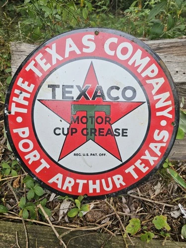 VINTAGE TEXACO PORCELAIN GAS STATION SIGN, PORT ARTHUR TEXAS, MOTOR CUP GREASE