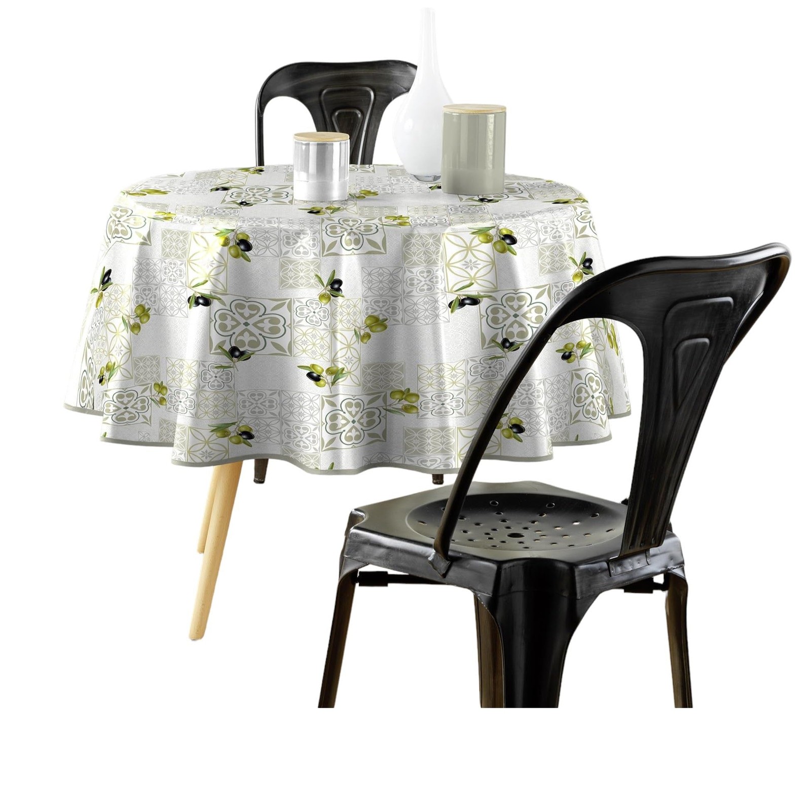 Nappe ronde 160 cm Andalousie verte en PVC imprimé pour table de jardin