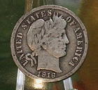 1916-P Barber 90% Silver 10c-Circulated-No Letters of Liberty