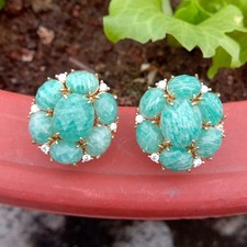 Natural Green Faceted Amazonite Cz Pave Stud Earrings Golden Plated Jewelry