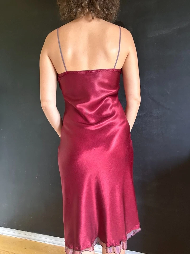 Vestido sin Mangas De Colección Años 90 Lm Lulu Paris Satinado S Borgoña Y2K Grunge Fiesta de Hadas Festiva Foto 3 de 4