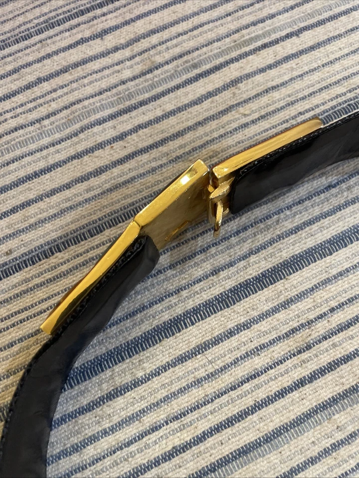Cinturón Judith Leiber Art Deco Hebilla Geométrica Negro Dorado Cuero Karung Foto 4 de 4