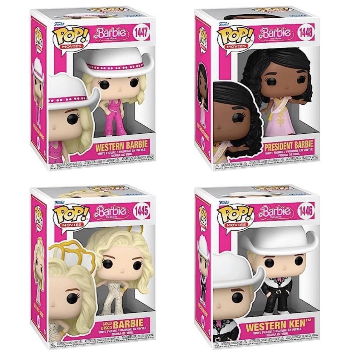 Funko Pop Ken, Western, President, Disco Barbie the Movie Set + Protectors