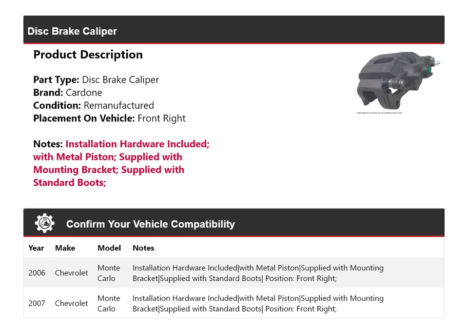For 2006-2007 Chevrolet Monte Carlo Disc Brake Caliper Front Right Cardone - Image 2 of 4