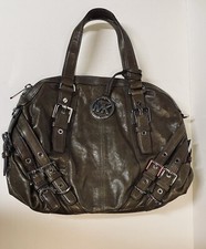 Michael Kors Dark Olive Green/Brown Leather Satchel Bag With Front Back Buckle