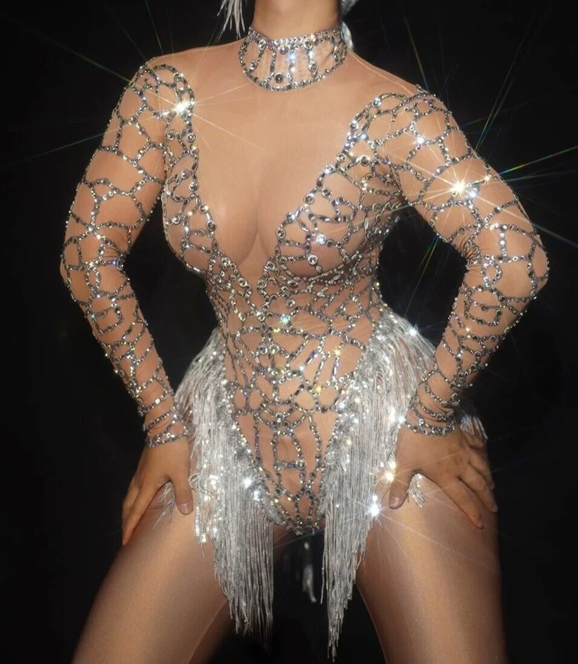 Mujeres Lujo Cuentas Estrás Borla Body Baile Cantante Escenario Espectáculo Disfraz Foto 4 de 4
